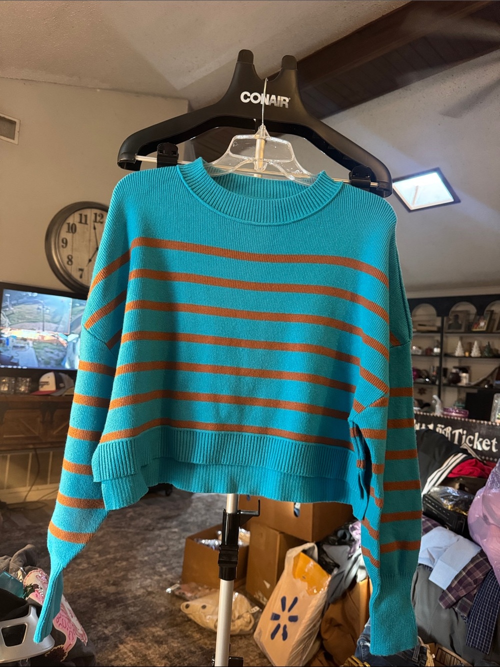 Cropped Turquoise Striped Crewneck Sweater very soft and thick #172